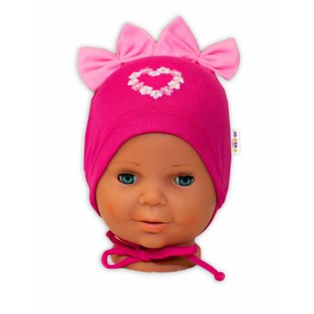 Bavlnená čiapočka na zaväzovanie Baby Nellys s mašličkami Tutu - tm. ružová, 44 - 48cm